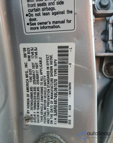 2009 Honda Cr-V Exl from USA, damaged, VIN 5J6RE48749L061570
